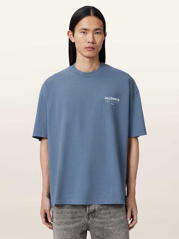 AllSaints Dark Blue Underground Oversized Cotton Crew Neck T-Shirt - Image 1 of 6 AllSaints Dark Blue Underground Oversized Cotton Crew Neck T-Shirt - Image 1 of 6
