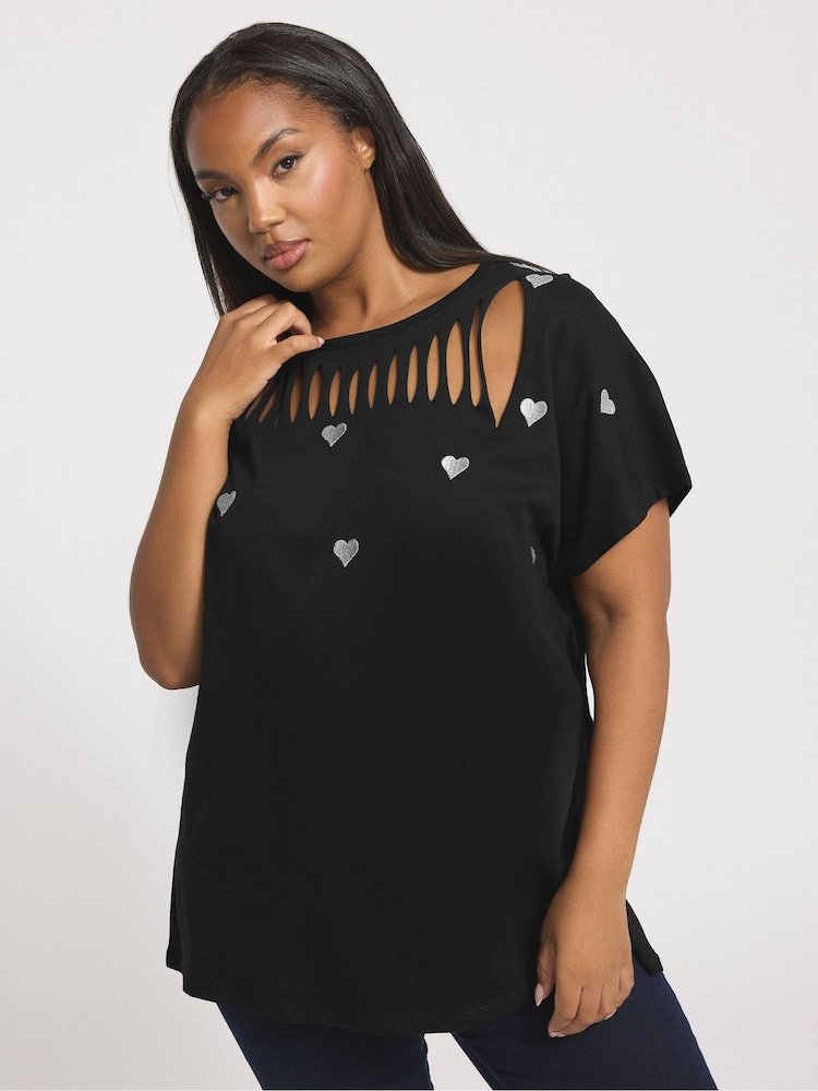 Yours Curve Black Embroidered Heart Slash Detail Top - Image 1 of 6