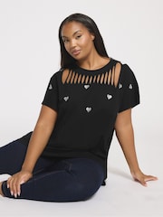 Yours Curve Black Embroidered Heart Slash Detail Top - Image 2 of 6