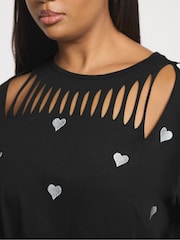 Yours Curve Black Embroidered Heart Slash Detail Top - Image 5 of 6