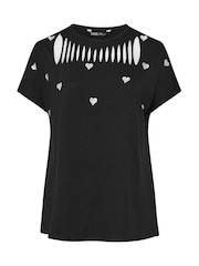 Yours Curve Black Embroidered Heart Slash Detail Top - Image 6 of 6