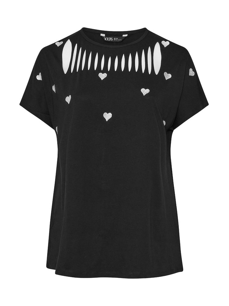 Yours Curve Black Embroidered Heart Slash Detail Top - Image 6 of 6