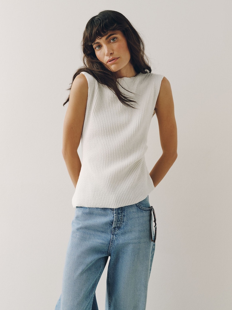 Ecru Texture Asymmetric Sleeveless Top - Image 1 of 8 Ecru Texture Asymmetric Sleeveless Top - Image 1 of 8