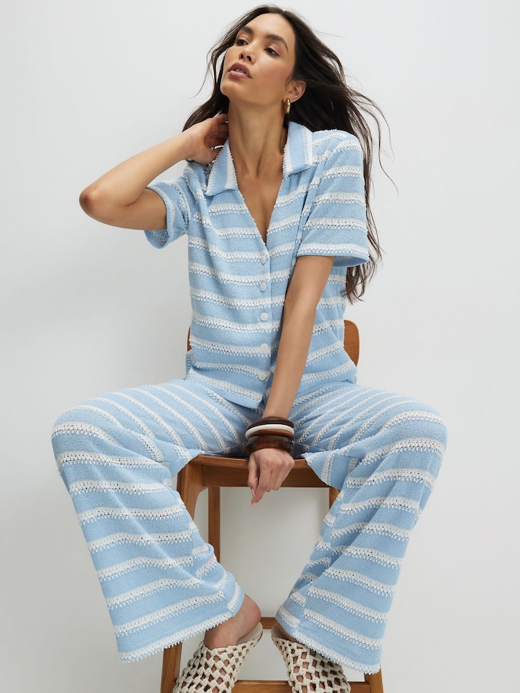 River Island Blue Stripe Textured Wide Leg Trousers - Image 4 of 4