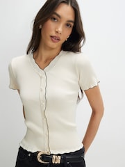 River Island Cream Short Sleeve Frill Hem Tipped Ribbed Top - Image 1 of 4
