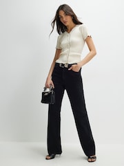 River Island Cream Short Sleeve Frill Hem Tipped Ribbed Top - Image 3 of 4