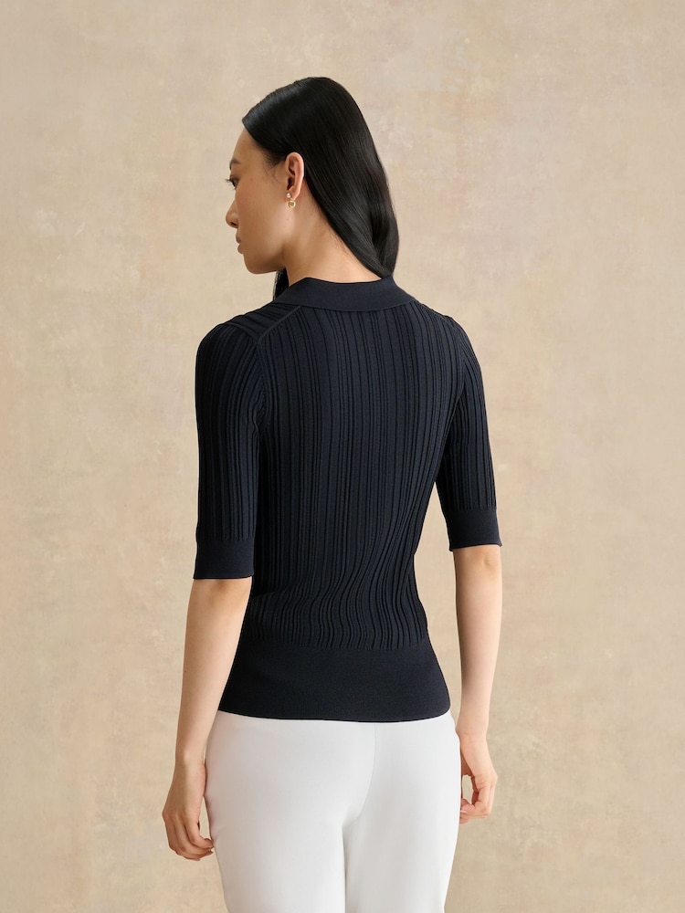 Hobbs Blue Blair Knitted Polo Top - Image 2 of 5 Hobbs Blue Blair Knitted Polo Top - Image 2 of 5