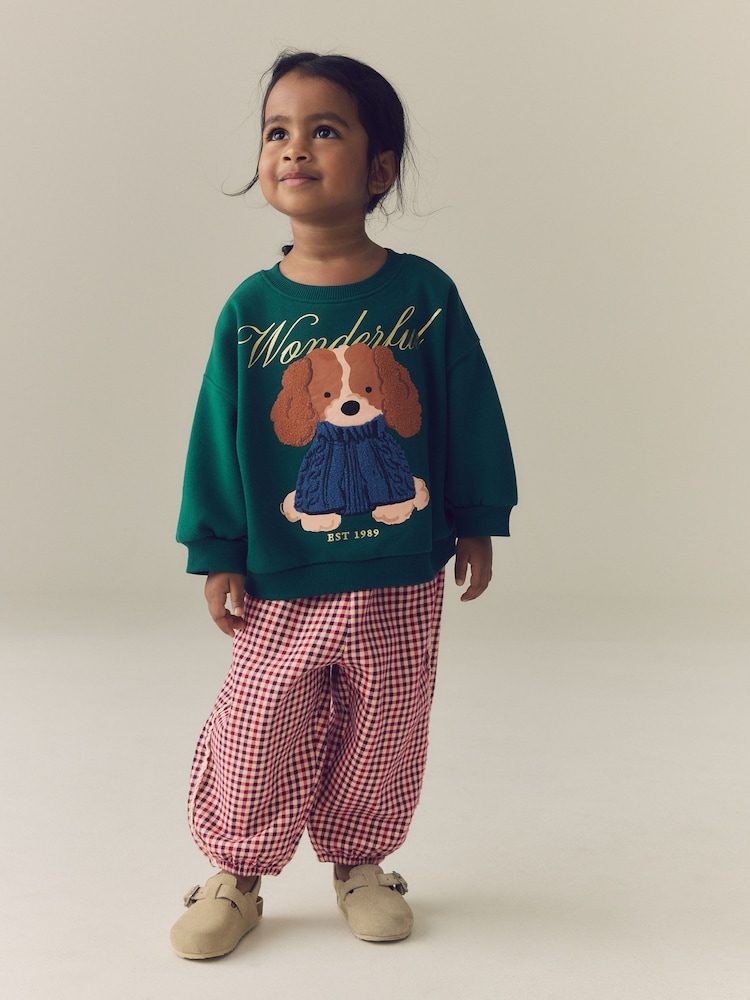 Dark Green Dog Crew Neck Sweatshirt and Barrel Trousers Set (3mths-7yrs) - Image 1 of 9 Dark Green Dog Crew Neck Sweatshirt and Barrel Trousers Set (3mths-7yrs) - Image 1 of 9