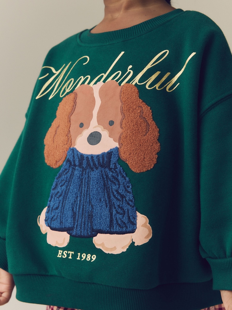 Dark Green Dog Crew Neck Sweatshirt and Barrel Trousers Set (3mths-7yrs) - Image 2 of 9 Dark Green Dog Crew Neck Sweatshirt and Barrel Trousers Set (3mths-7yrs) - Image 2 of 9