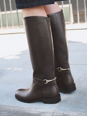 Chocolate Brown Extra Wide Fit Forever Comfort® Snaffle Rider Knee High Leather Boots - Image 1 of 11