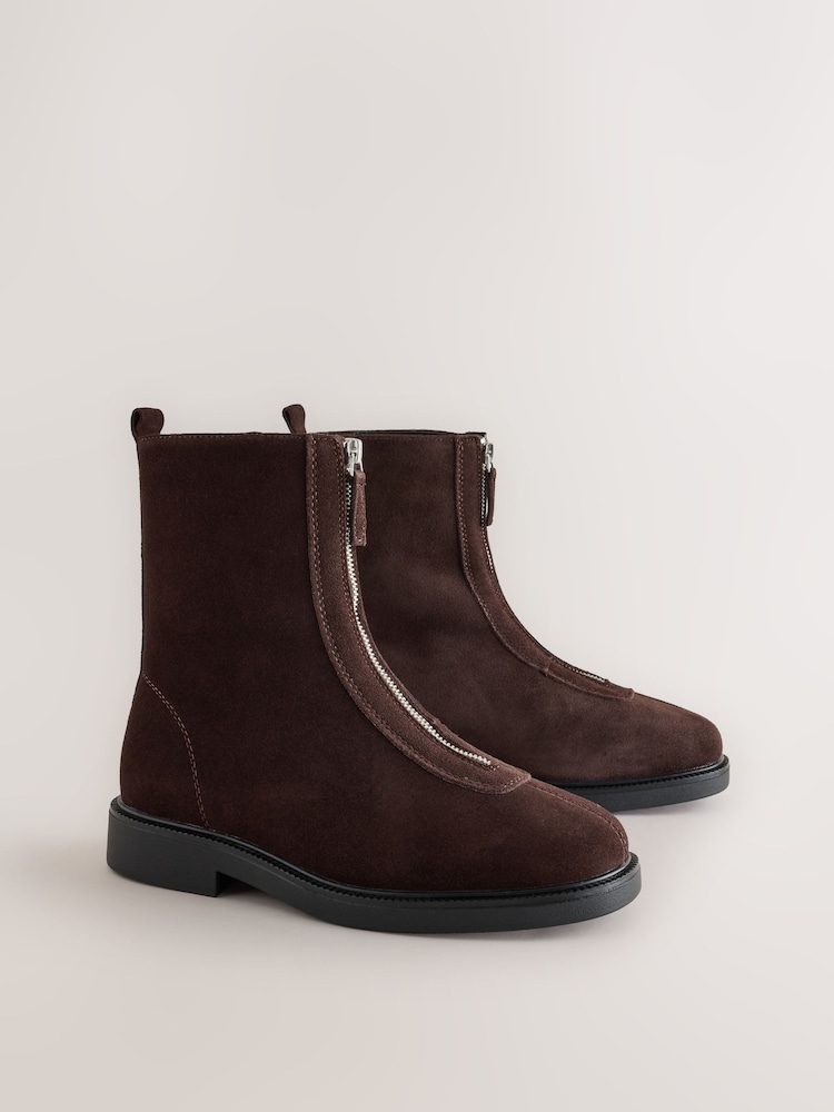 Chocolate Brown Extra Wide Fit Forever Comfort® Suede Front Zip Leather Boots - Image 2 of 5 Chocolate Brown Extra Wide Fit Forever Comfort® Suede Front Zip Leather Boots - Image 2 of 5