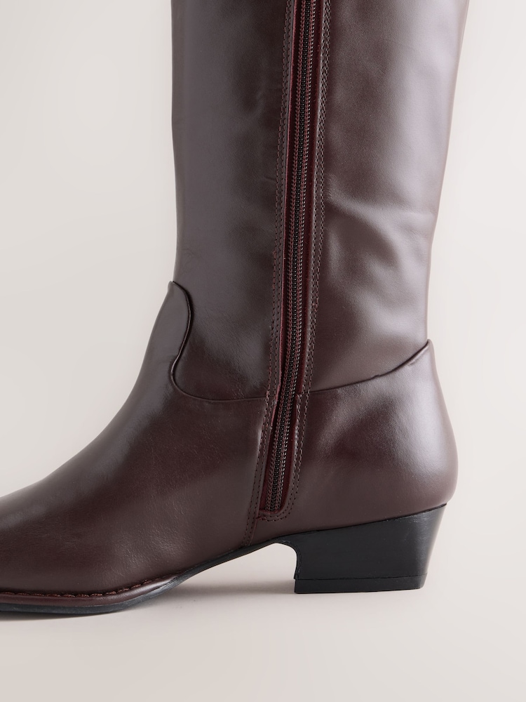 Бургундия қызылы - Standard Foot With Wide Calf Forever Comfort®? Chisel Toe Western Style Leather Knee High Boots - 5суретінің 5 суреті