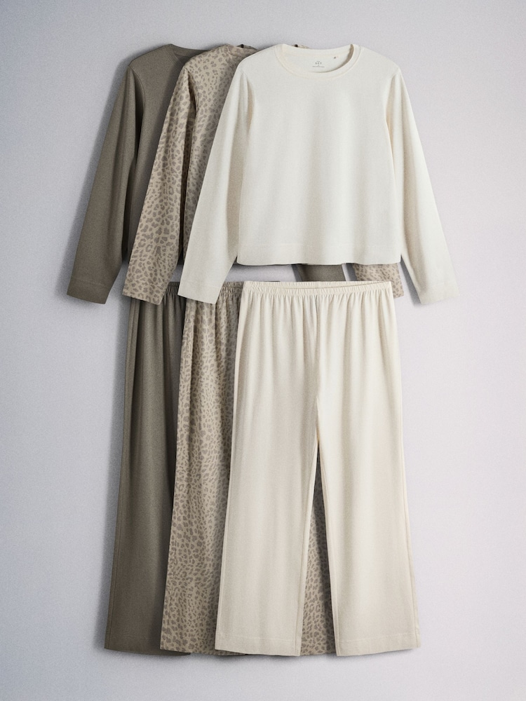 The Set 3 Pack Long Sleeve Cotton Pyjamas Animal/Taupe/Ecru - Image 1 of 9 The Set 3 Pack Long Sleeve Cotton Pyjamas Animal/Taupe/Ecru - Image 1 of 9