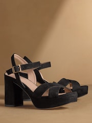 Russell & Bromley Black Suede Onform Heeled Platform Sandals - Image 1 of 7