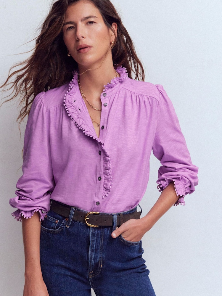 Boden Purple Emily Pom Detail Ruffle Shirt - Image 1 of 4 Boden Purple Emily Pom Detail Ruffle Shirt - Image 1 of 4