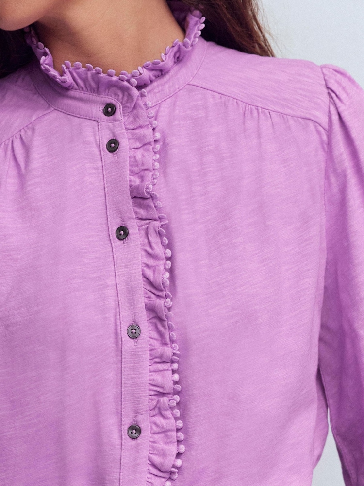 Boden Purple Emily Pom Detail Ruffle Shirt - Image 2 of 4 Boden Purple Emily Pom Detail Ruffle Shirt - Image 2 of 4