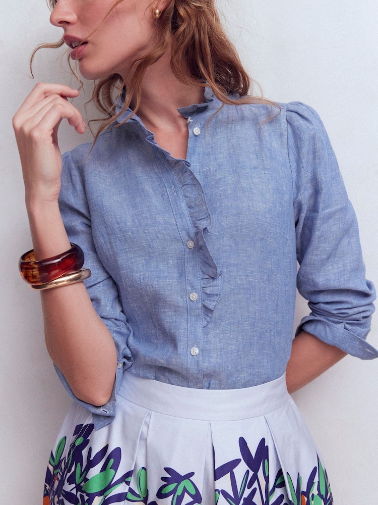 Boden Blue Isabel Ruffle Linen Shirt - Image 2 of 5 Boden Blue Isabel Ruffle Linen Shirt - Image 2 of 5