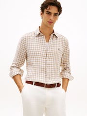 Tommy Hilfiger Brown Regular Fit Gingham Check Pure Linen Shirt - Image 1 of 5