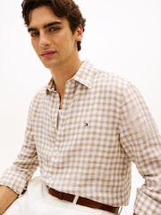 Tommy Hilfiger Brown Regular Fit Gingham Check Pure Linen Shirt - Image 4 of 5