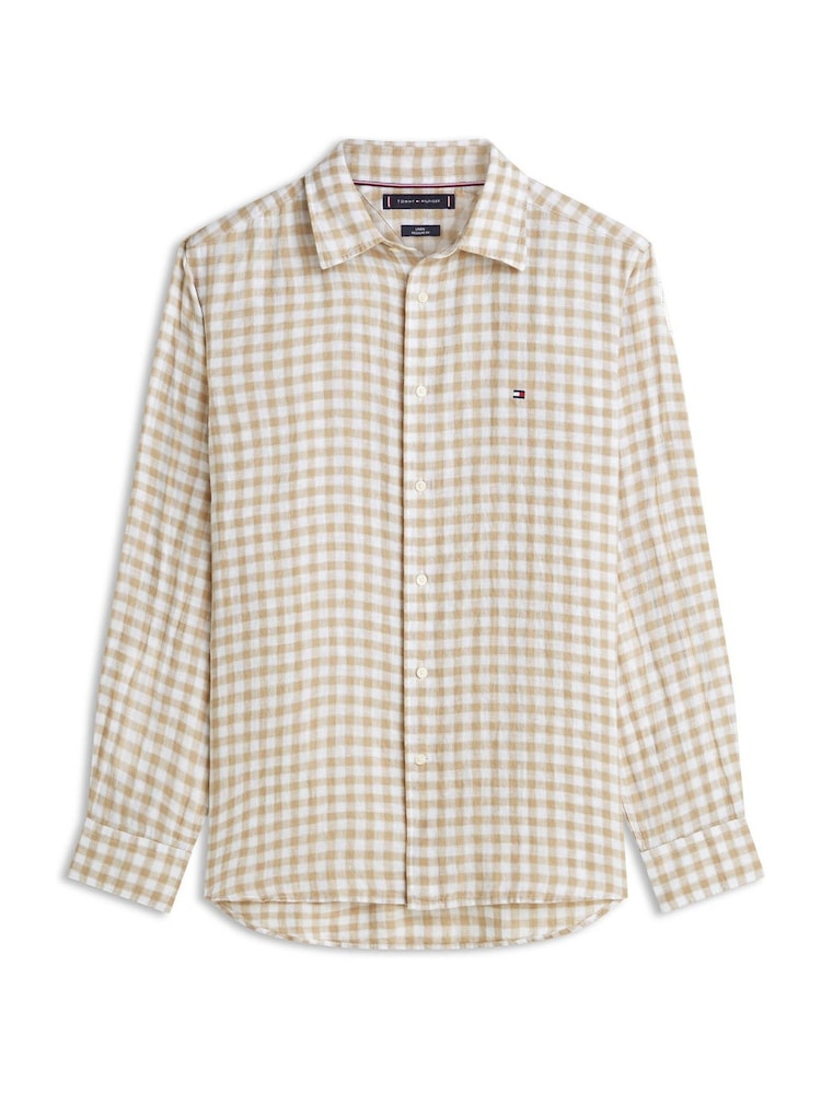 Tommy Hilfiger Brown Regular Fit Gingham Check Pure Linen Shirt - Image 5 of 5