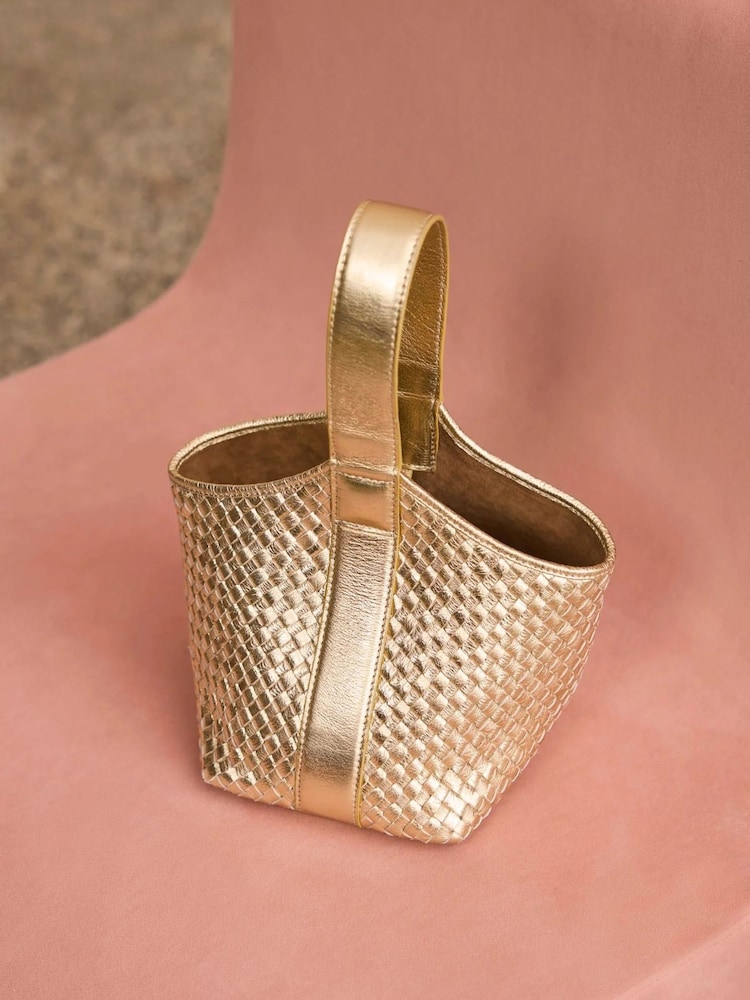 Mint Velvet Gold Lola Leather Woven Bucket Bag - Image 1 of 5