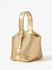 Mint Velvet Gold Lola Leather Woven Bucket Bag - Image 3 of 5