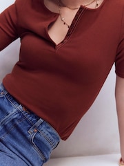 Boden Brown Short Sleeve Rib Henley T-Shirt - Image 5 of 6