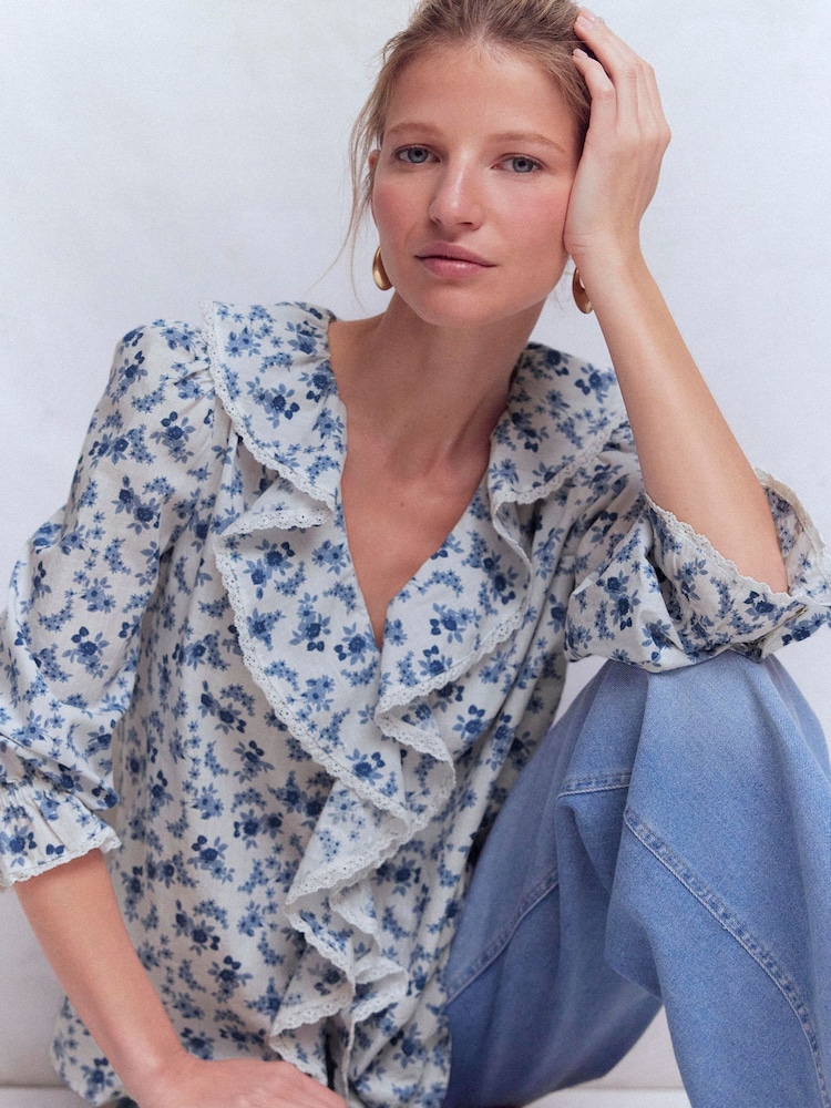 Boden Blue Ruffle V-Neck Blouse - Image 1 of 6