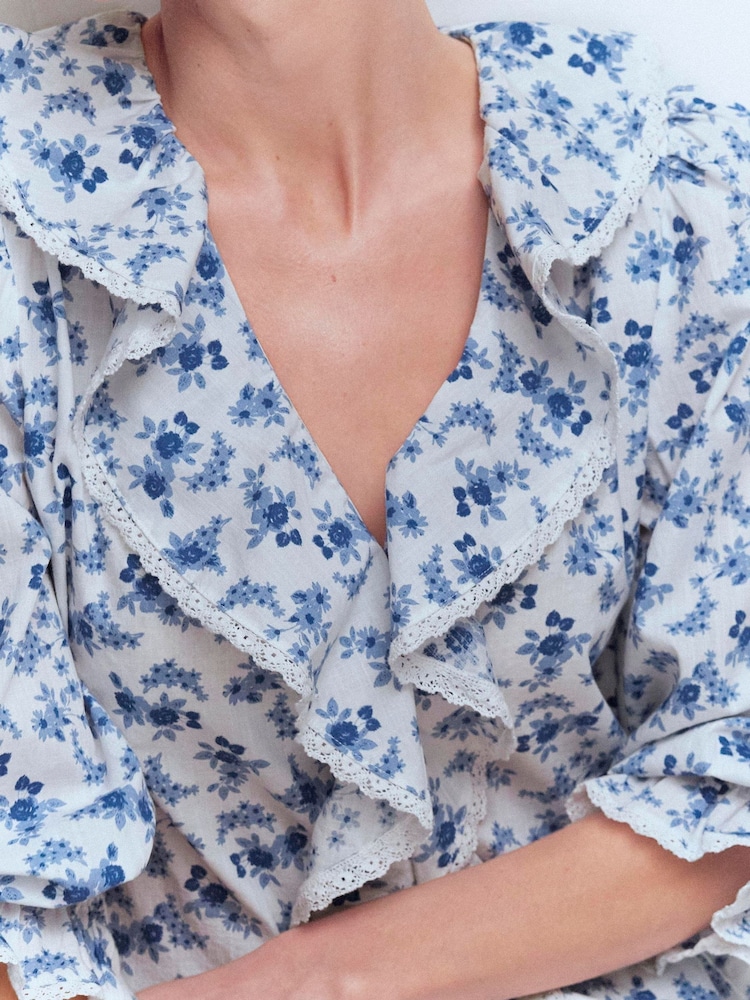 Boden Blue Ruffle V-Neck Blouse - Image 2 of 6