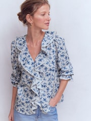Boden Blue Ruffle V-Neck Blouse - Image 4 of 6