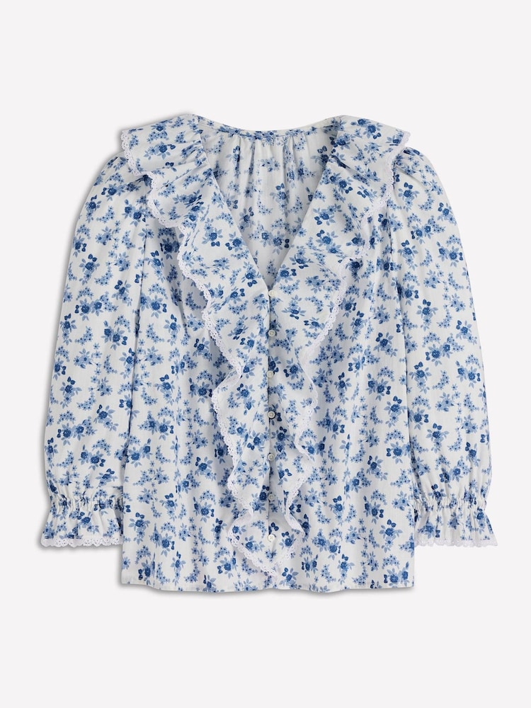 Boden Blue Ruffle V-Neck Blouse - Image 6 of 6