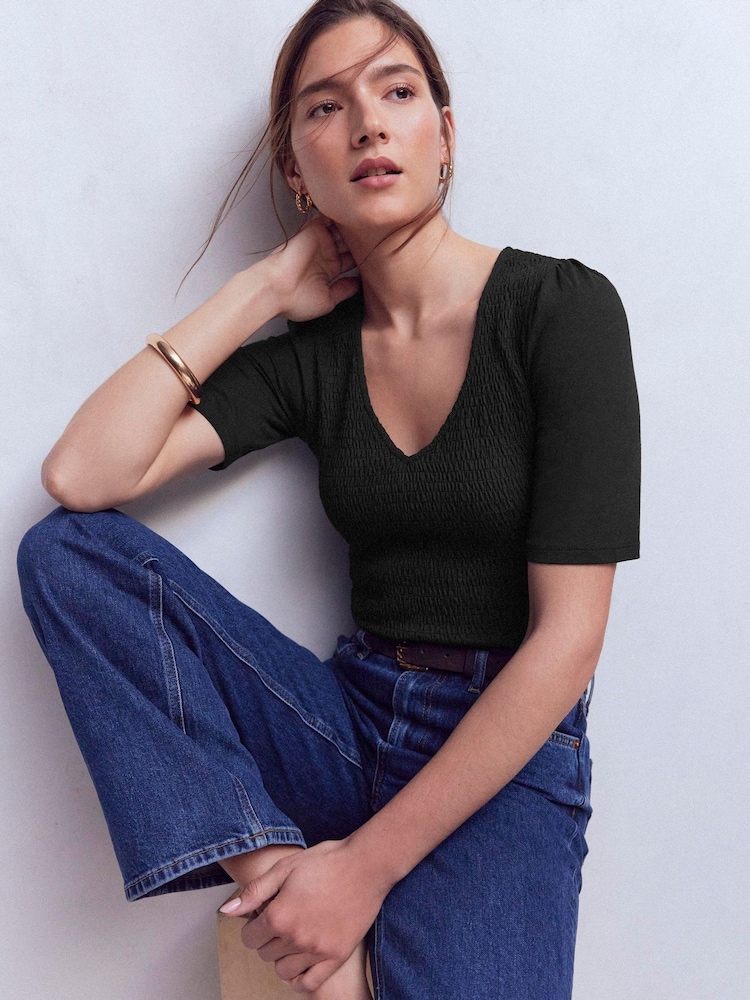 Boden Black Lyla Smocked V-Neck Top - Image 1 of 5