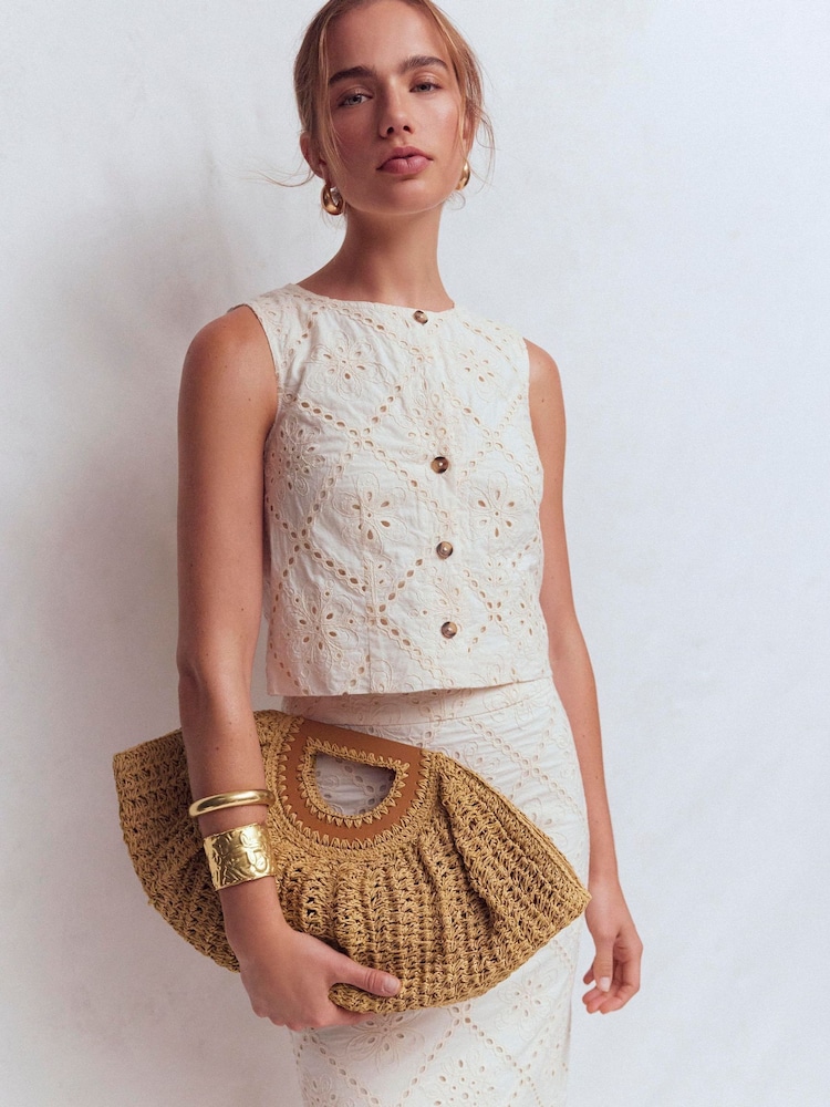 Boden Natural Raffia Moon Clutch - Image 1 of 6 Boden Natural Raffia Moon Clutch - Image 1 of 6