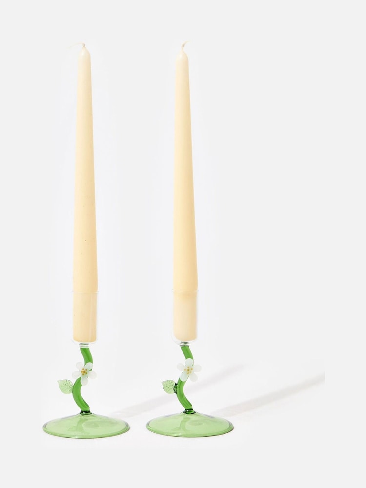 Oliver Bonas Set of 2 Green Flower Glass Candlestick Holders - Image 1 of 5