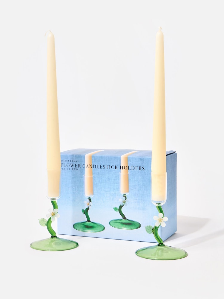 Oliver Bonas Set of 2 Green Flower Glass Candlestick Holders - Image 2 of 5