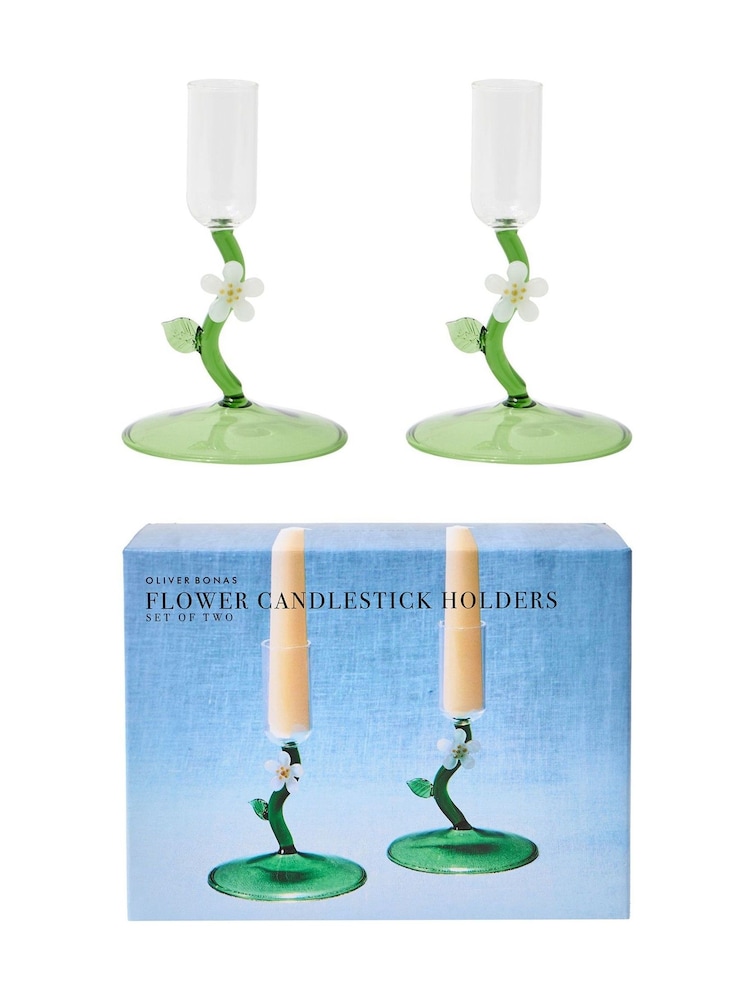 Oliver Bonas Set of 2 Green Flower Glass Candlestick Holders - Image 3 of 3
