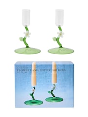 Oliver Bonas Set of 2 Green Flower Glass Candlestick Holders - Image 5 of 5