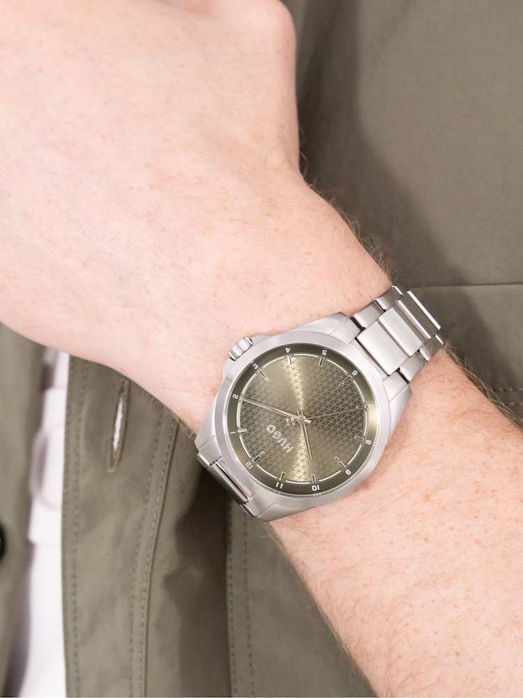 HUGO Silver Tone Seam Stainless Steel Bracelet And Green Dial Watch - Image 1 of 5