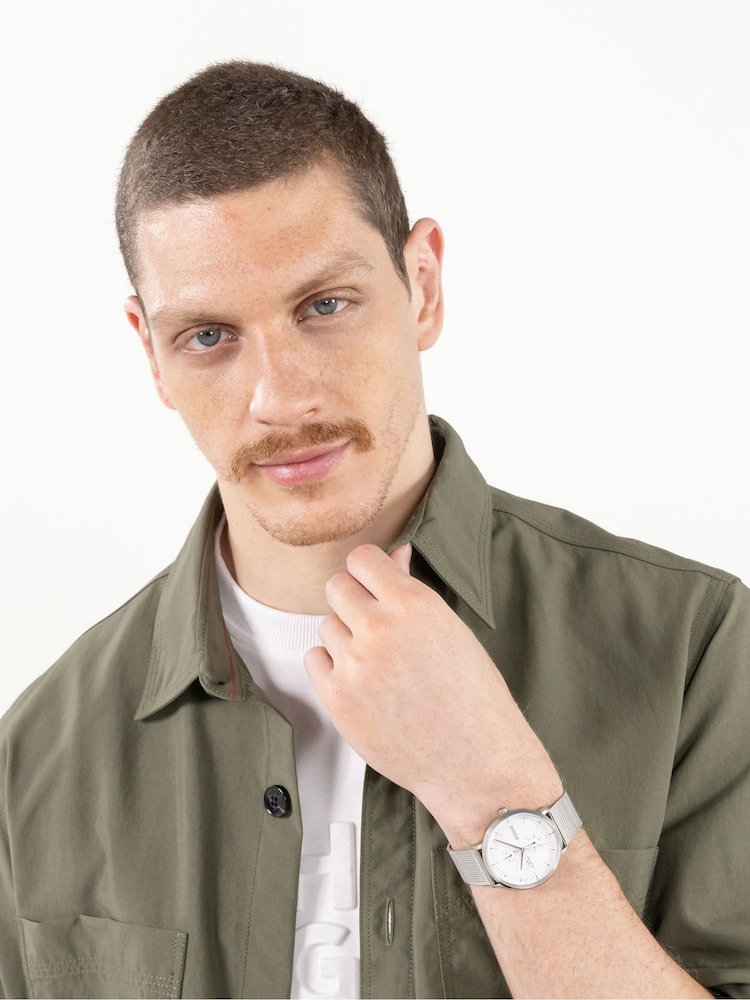 HUGO Silver Style Stainless Steel Mesh Bracelet And White Dial Watch - Image 2 of 5