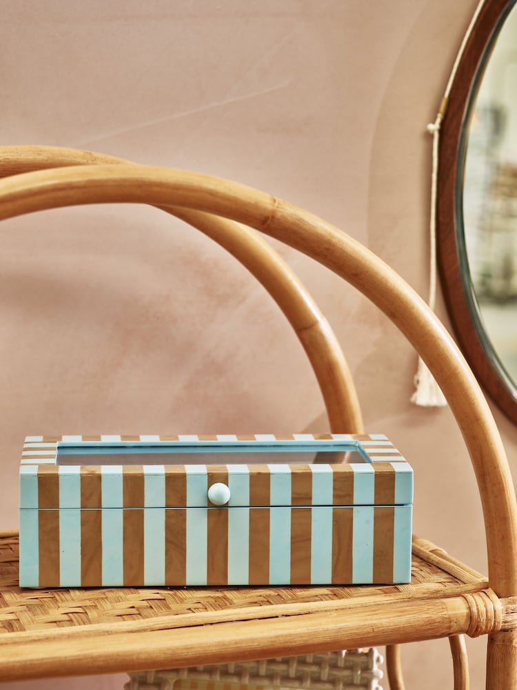 Oliver Bonas Blue & Brown Resin Striped Large Jewellery Box - Image 1 of 6