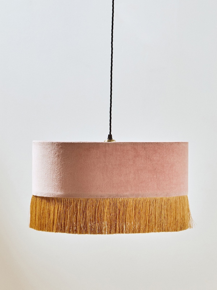 Oliver Bonas Pink Ero Velvet & Tassel Drum Lamp Shade - Image 2 of 4