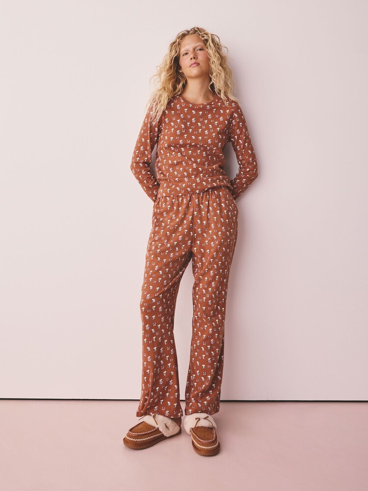Rust Brown Snoopy Pointelle Long Sleeve Pyjamas - Image 2 of 5