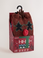Reindeer Fluffy Novelty Socks in Box 1 Pack - Image 1 of 8