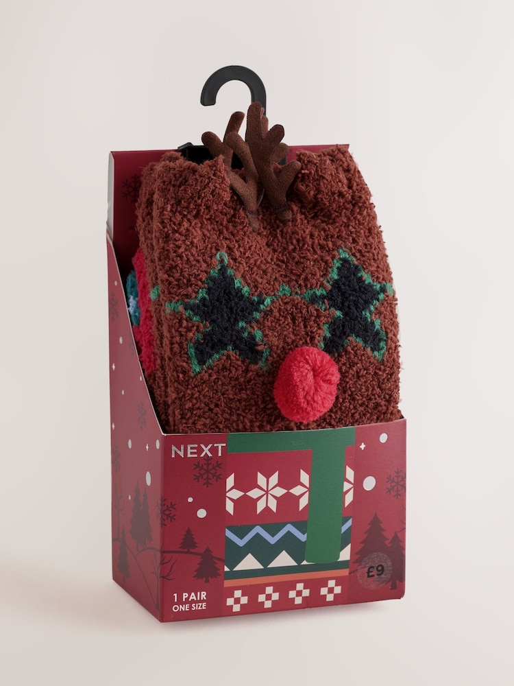 Reindeer Fluffy Novelty Socks in Box 1 Pack - Image 1 of 8