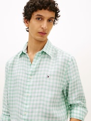 Tommy Hilfiger Green Regular Fit Gingham Check Pure Linen Shirt - Image 4 of 5