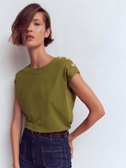 Boden Green Button Detail T-Shirt - Image 1 of 5