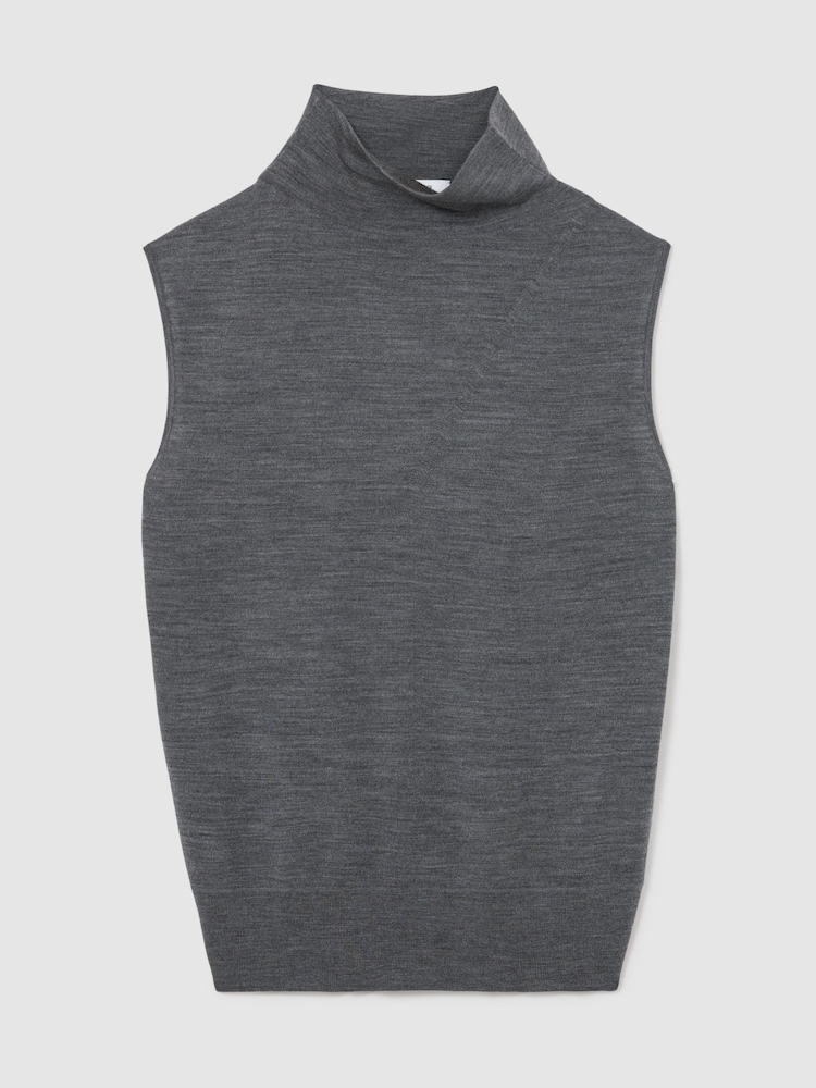 Reiss Dark Charcoal Grey Honey Wool Funnel-Neck Sleeveless Knit Top - Image 2 of 6 Reiss Dark Charcoal Grey Honey Wool Funnel-Neck Sleeveless Knit Top - Image 2 of 6