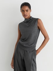 Reiss Dark Charcoal Grey Honey Wool Funnel-Neck Sleeveless Knit Top - Image 3 of 6