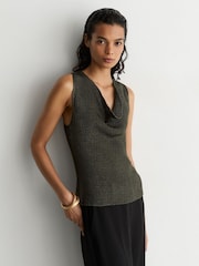 Reiss Green Simone Cowl-Neck Metallic-Knit Sleeveless Top - Image 1 of 6