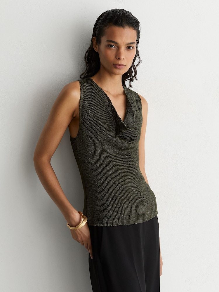 Reiss Green Simone Cowl-Neck Metallic-Knit Sleeveless Top - Image 1 of 6 Reiss Green Simone Cowl-Neck Metallic-Knit Sleeveless Top - Image 1 of 6